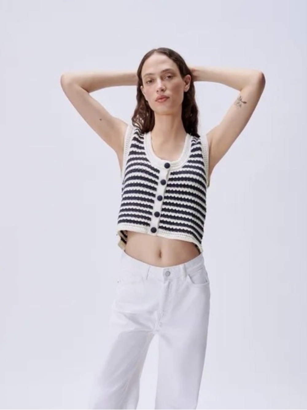 ZARA Cropped Striped Knit Button Front Crochet Sweater Vest